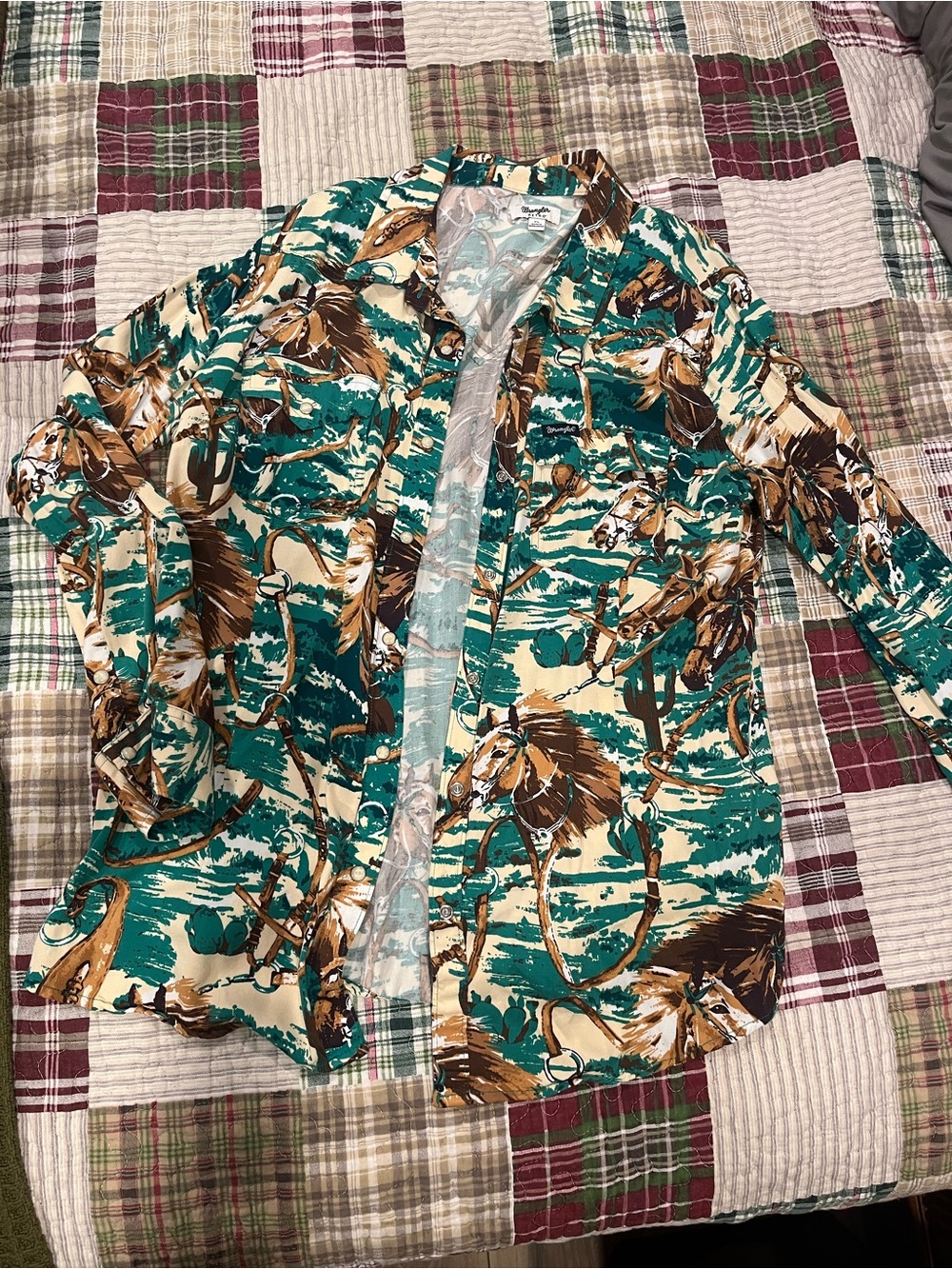 Wrangler Men's Horse Print Button-Down Shirt in Teal, Brown & Cream